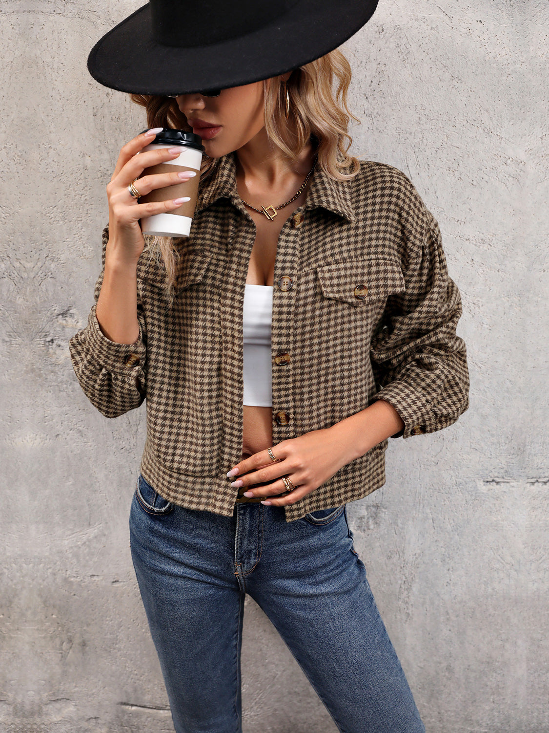 Tara Houndstooth Collared Neck Button Up Jacket