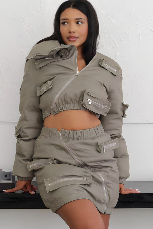 Puffer Jacket and Skirt Set - Olive Gray