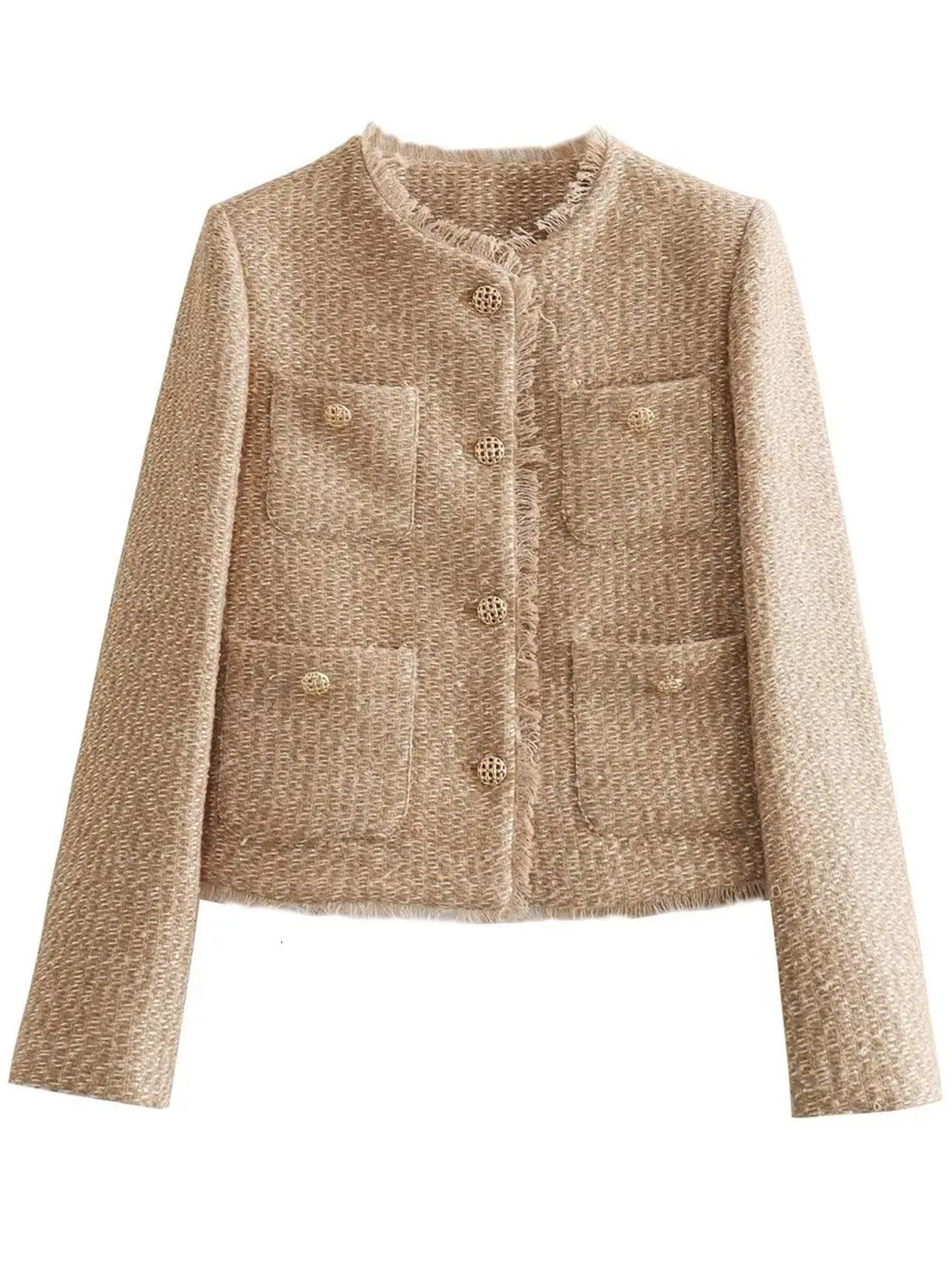 Raw Hem Pocketed Round Neck Jacket - Camel
