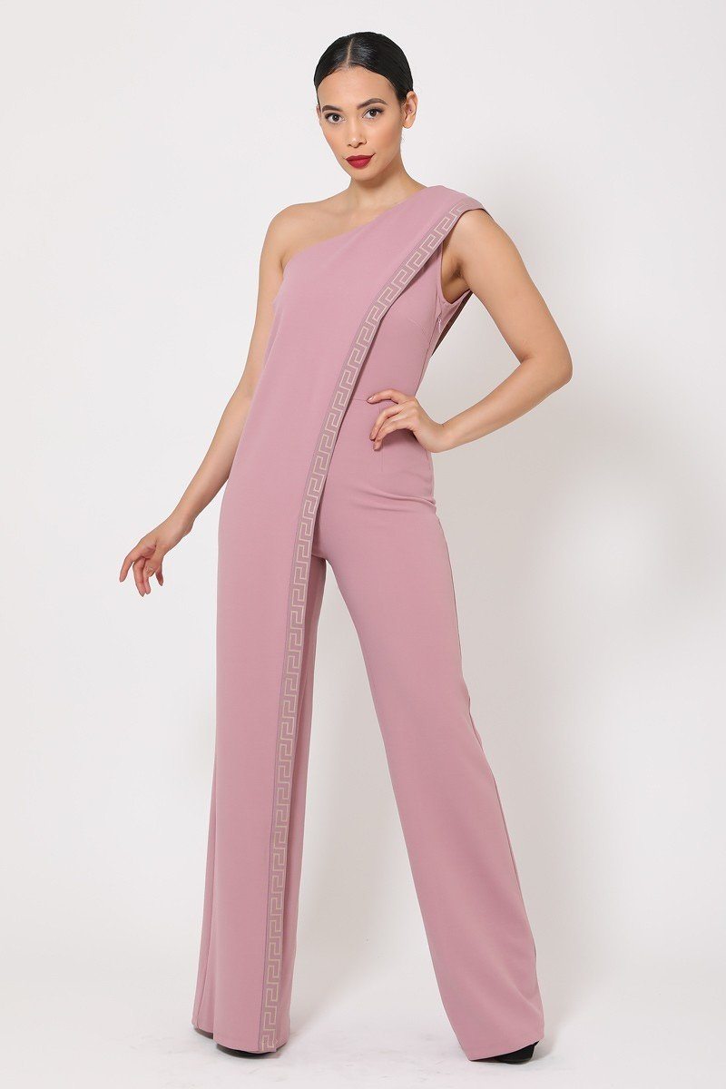 One Shoulder Greek Border Pattern Jumpsuit - Mauve