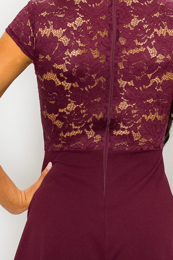 Floral Sheer Lace Combo Romper - Burgundy