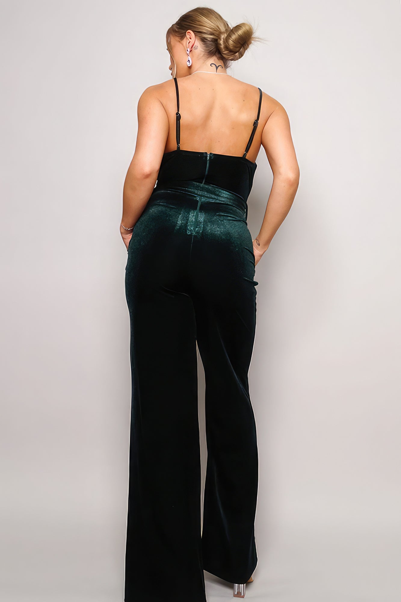 Samba Rhinestone Belt Velvet Jumpsuit - Hunter Green