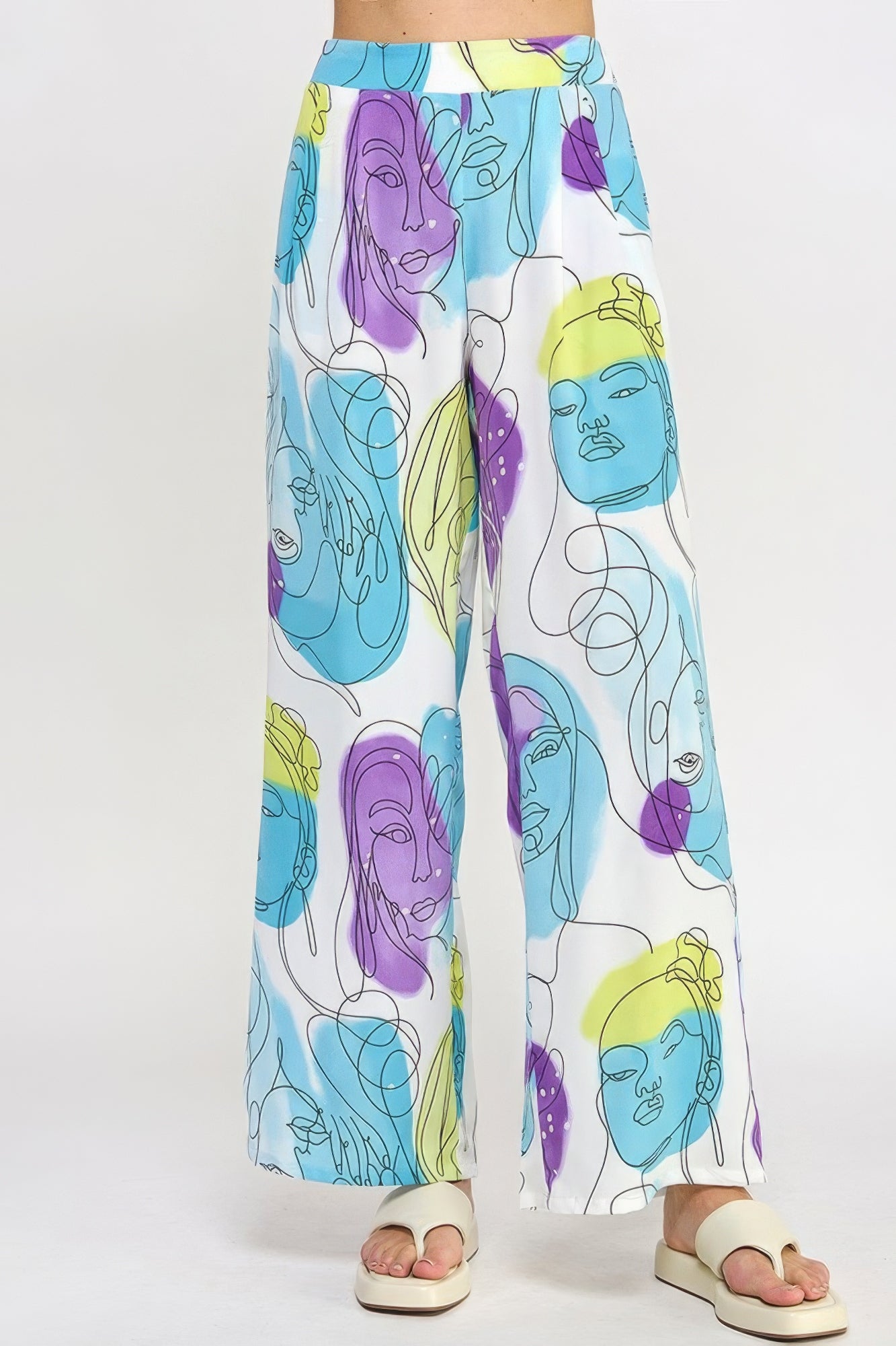 Printed Wide Leg Pant With Elastic Back - Neon Purple