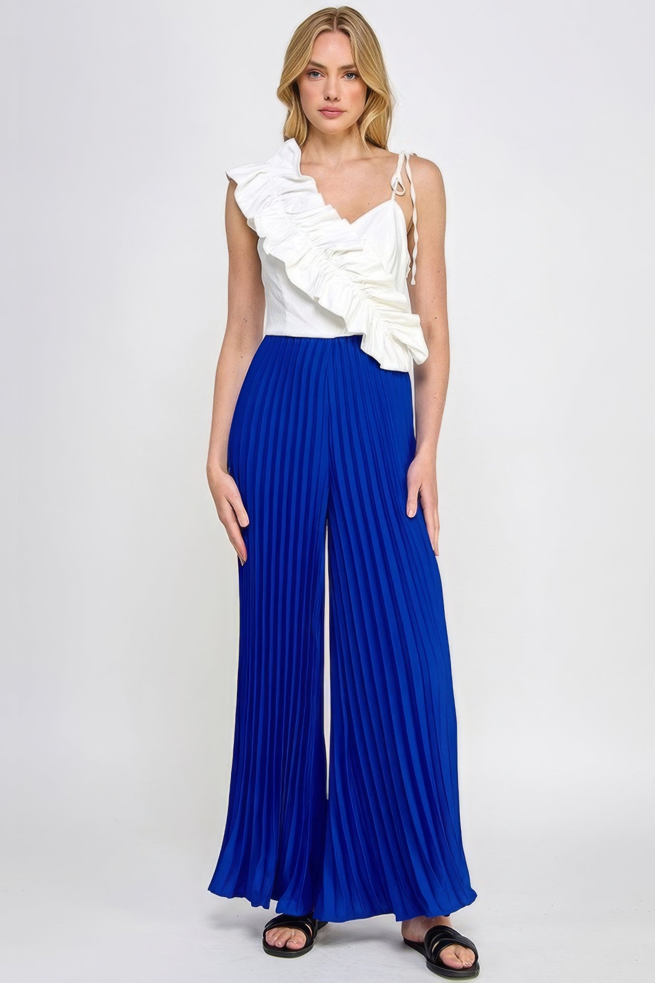 Camila Asymmetrical Ruffle Detail Pleated Bottom Jumpsuit - Royal Blue / Off White