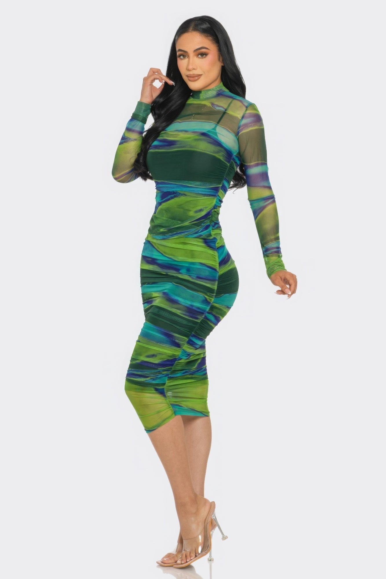 Glitch Print Mesh Ruched Midi Dress - Green Multi