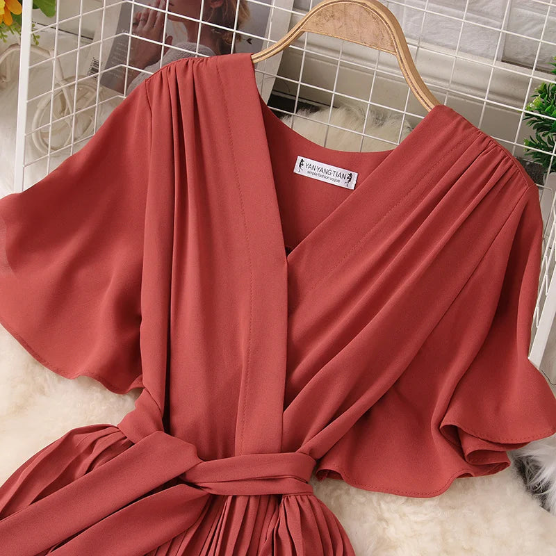 V-neck Short Sleeve Tie Waist Pleated Chiffon Dress