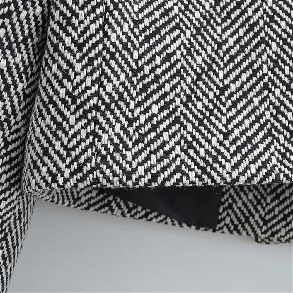 Cropped Herringbone Pattern Woolen Suit Coat