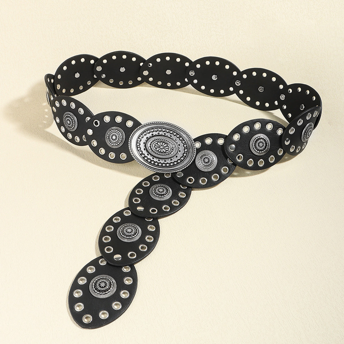 Bohemian Oval Buckle Studded Wide PU Belt