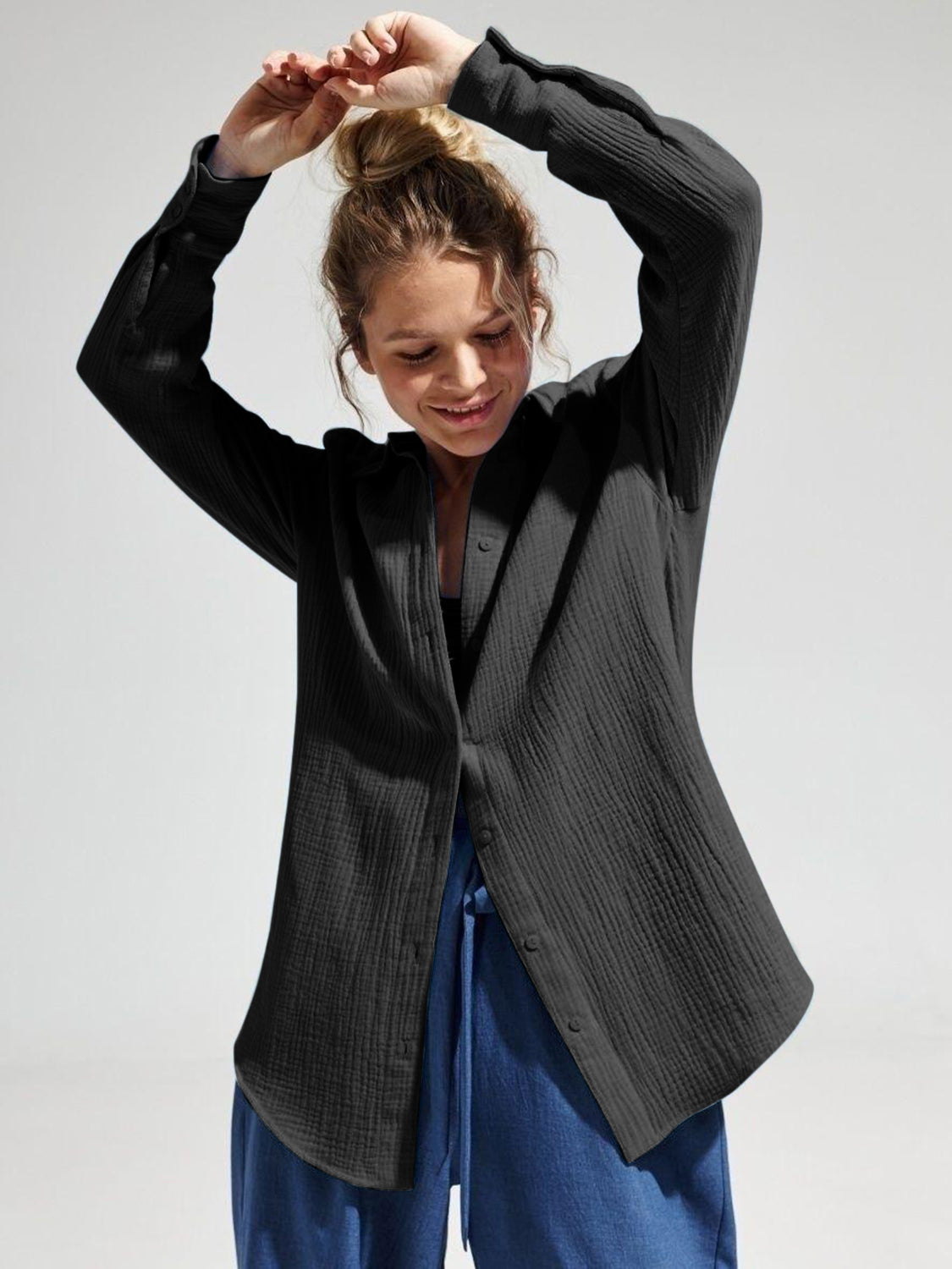 Cotton Textured Collared Neck Long Sleeve Button Up Shirt