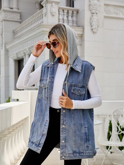 Oversized Drawstring Pocketed Button Up Sleeveless Minimal Stretch Denim Jacket