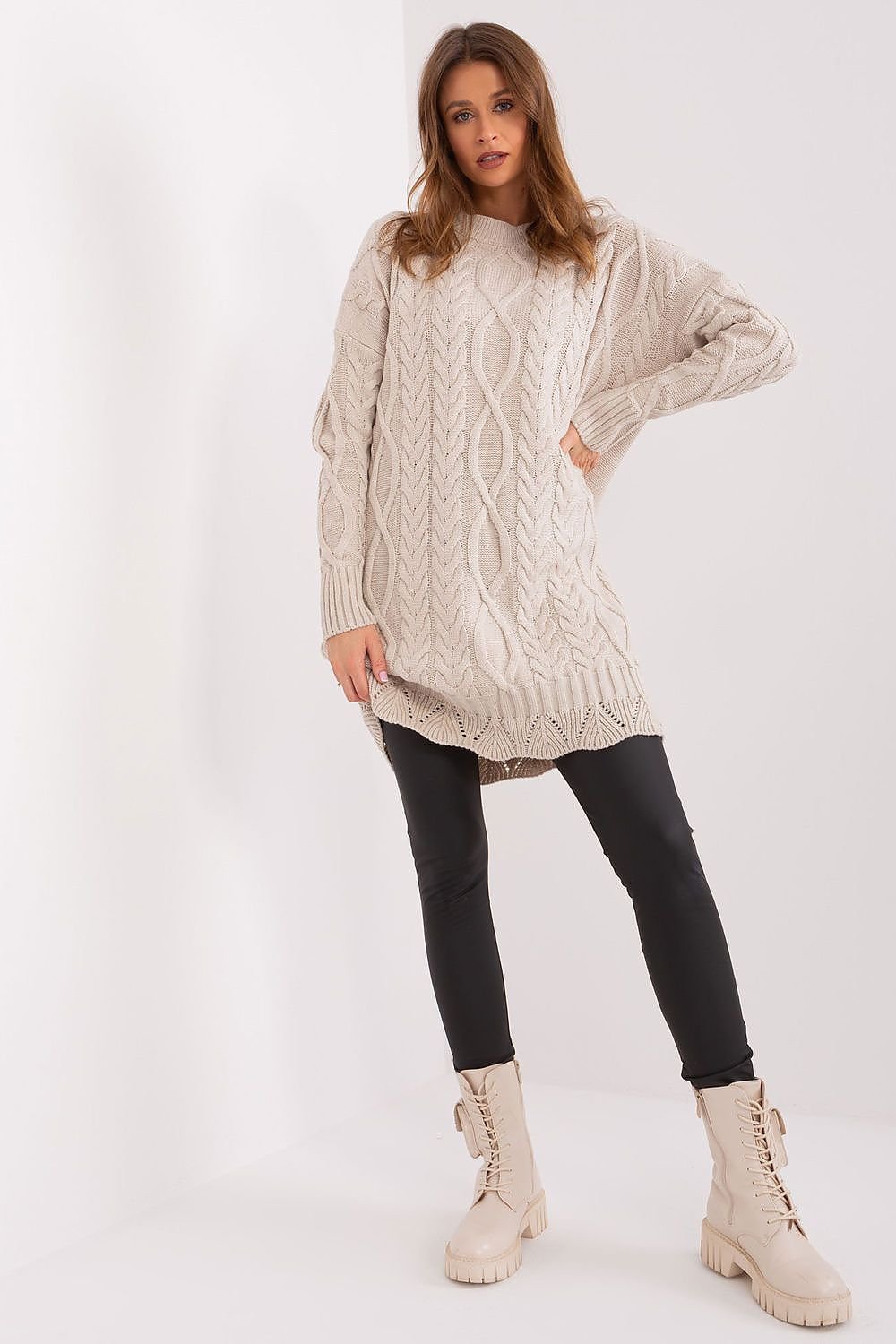 Long Sleeve Cable Knit Crew Neck Sweater Dress - Oatmilk