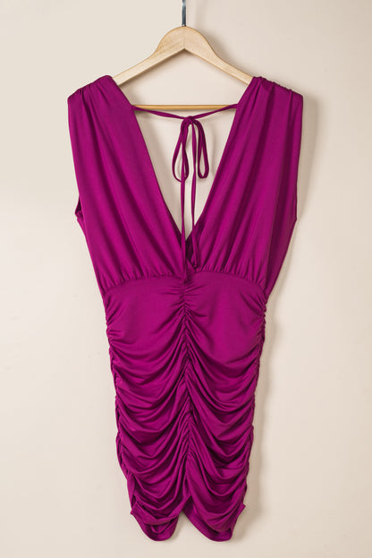 Ruche V Cowl Neck Sleeveless Wrap Dress - Purple