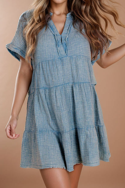 Cotton Tiered Notched Short Sleeve Dres