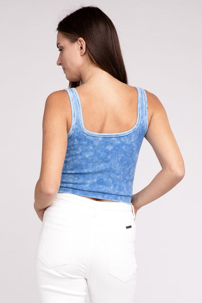 2 Way Neckline Washed Ribbed Cropped Tank Top