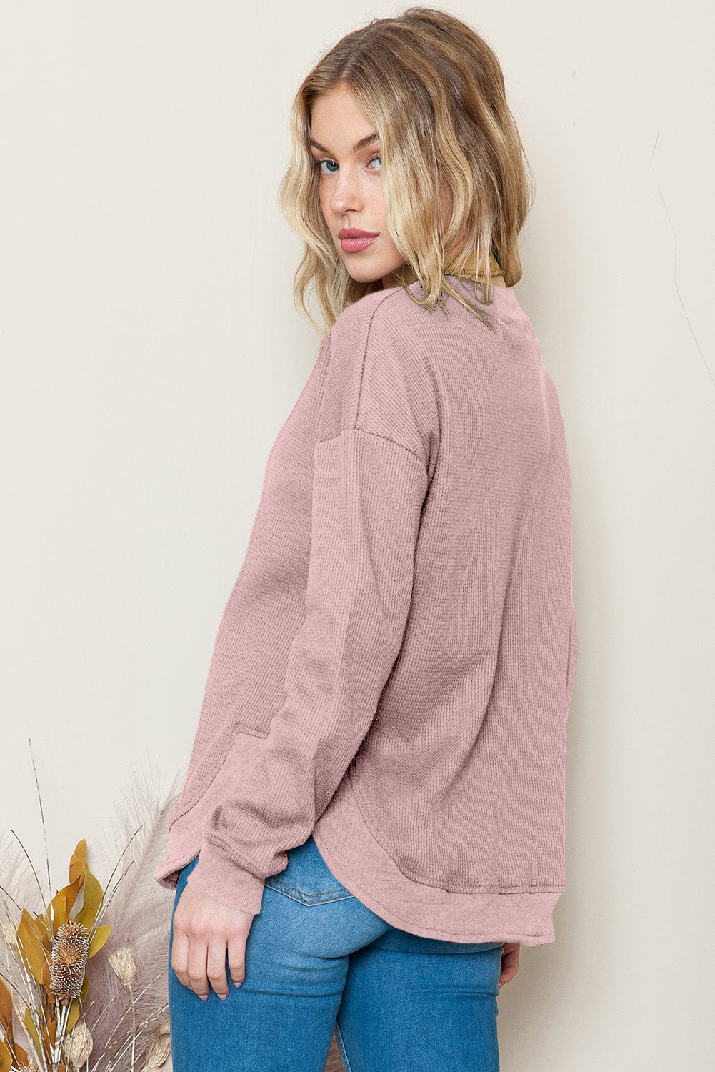 Grey Plain Crew Neck Ribbed Trim Waffle Knit Long Sleeve Top