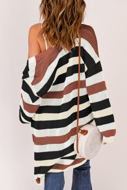 Black Striped Color Block Casual Hollow Cable Knit Cardigan