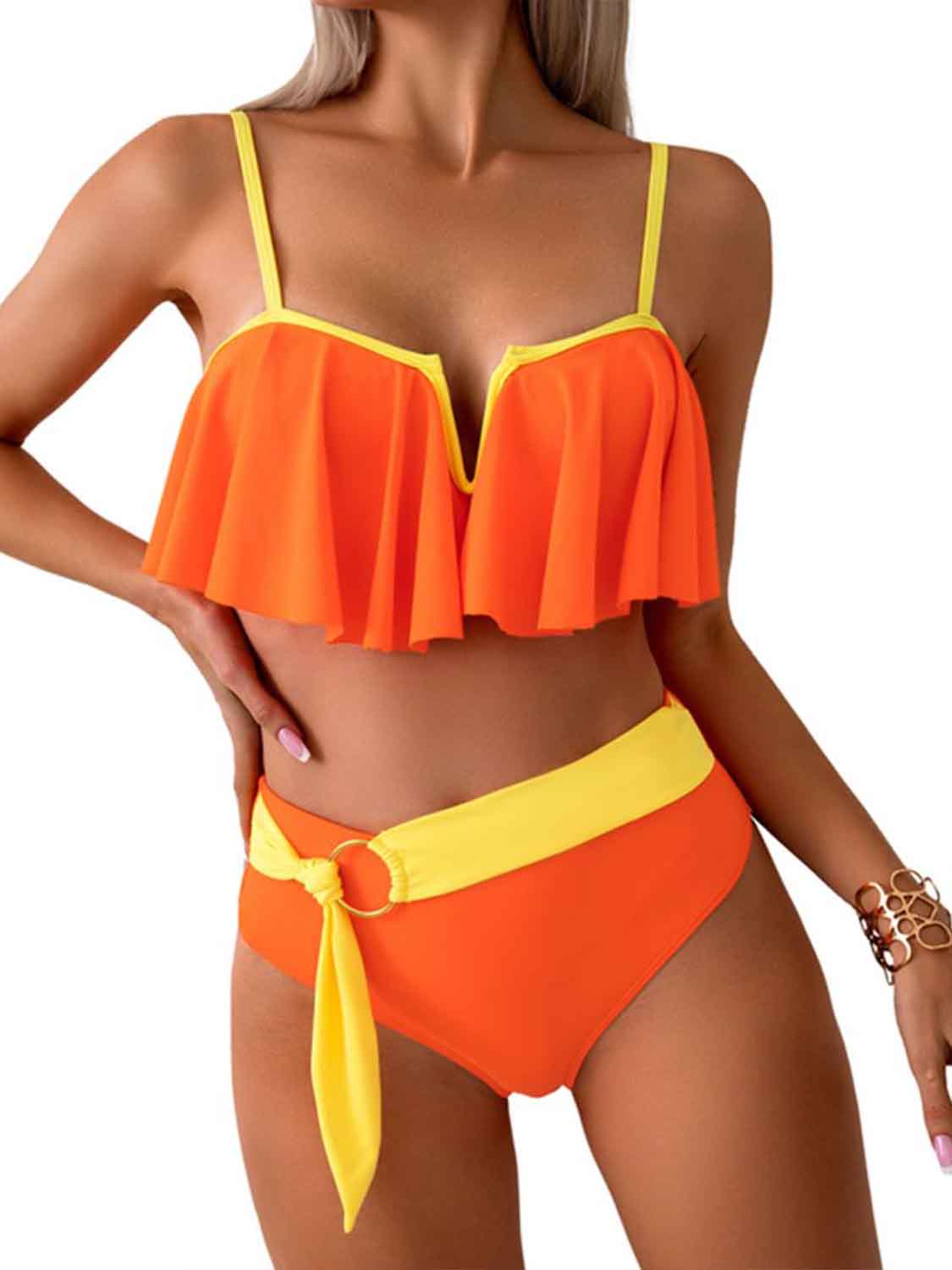 Spaghetti Strap Curtain Front Notched Bikini Set