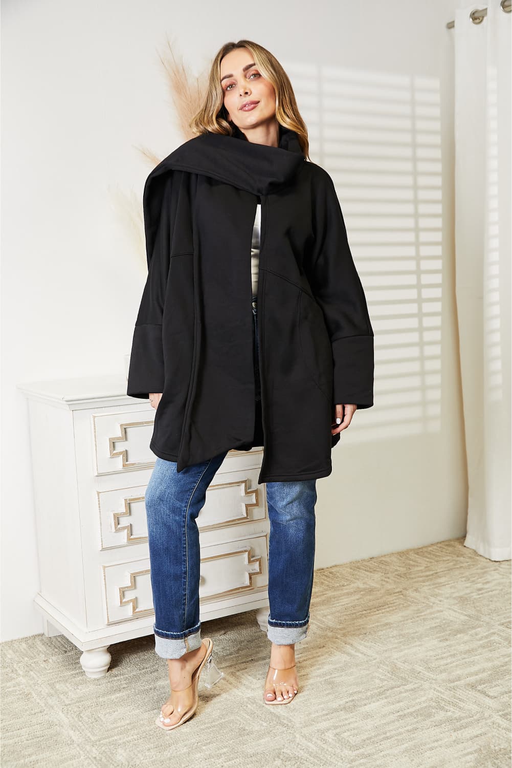 Full Size Open Front Cardigan with Scarf Design - Black