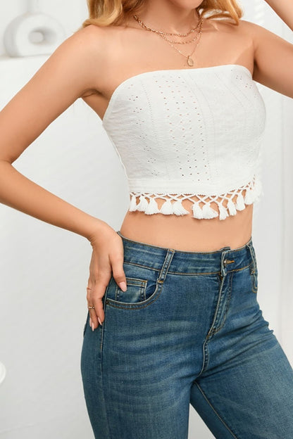 Yuniel Tassel Eyelet Tube Top - White