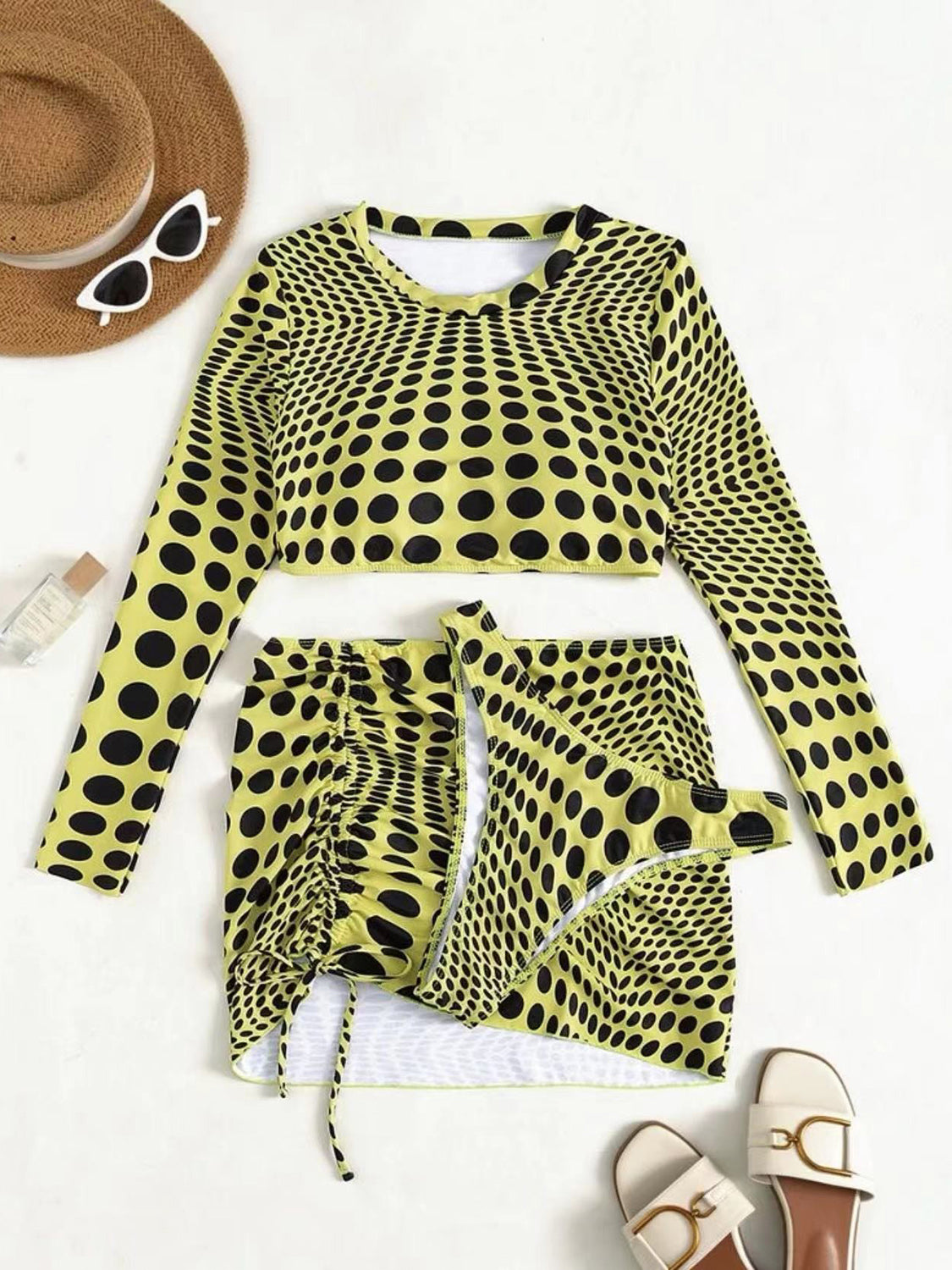 Polka Dot Long Sleeve Three-Piece Swim Set