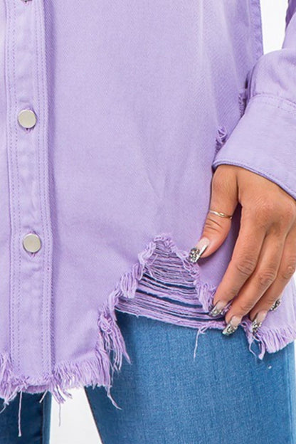 Frayed Hem Distressed Denim Jacket - Lavender