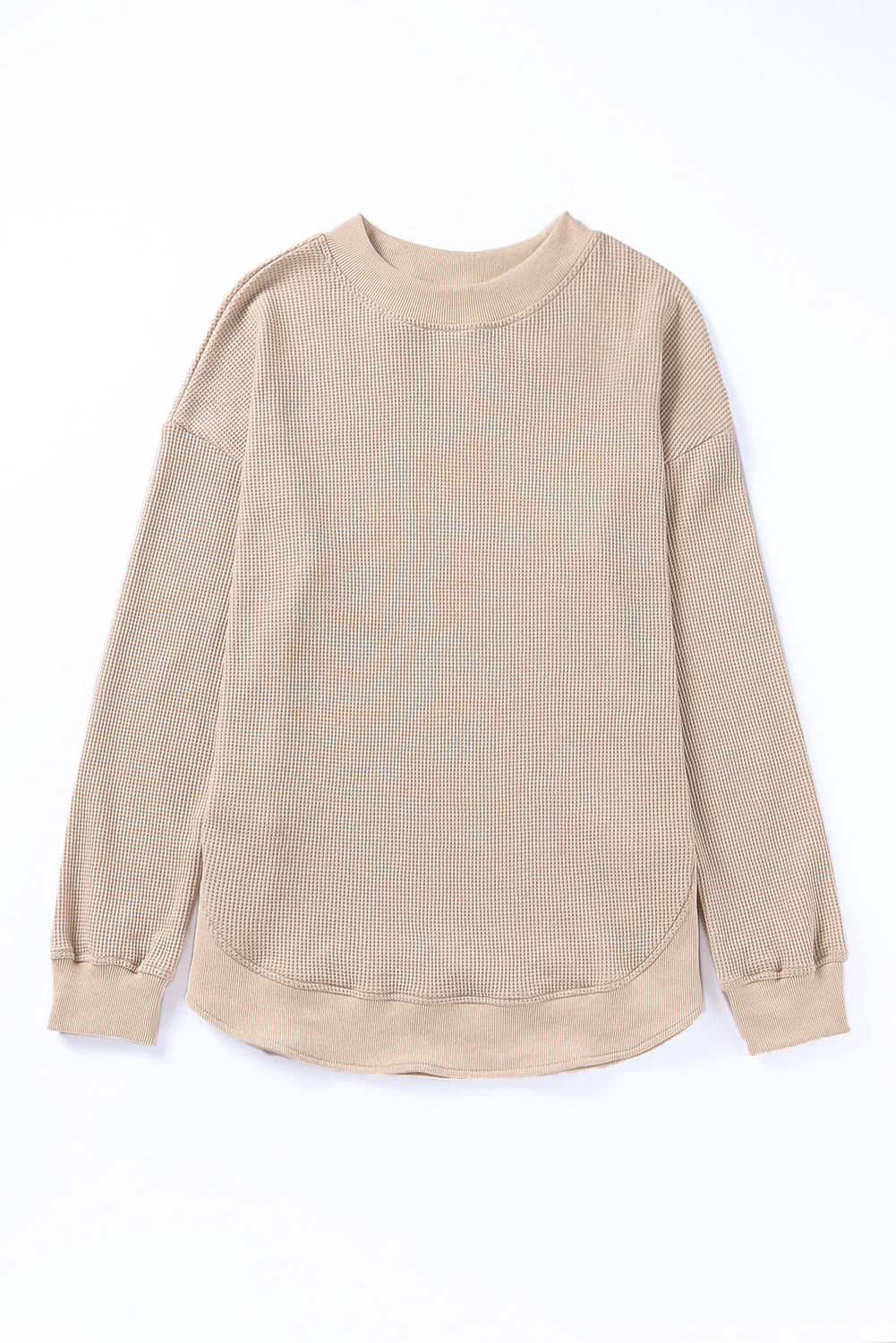 Grey Plain Crew Neck Ribbed Trim Waffle Knit Long Sleeve Top