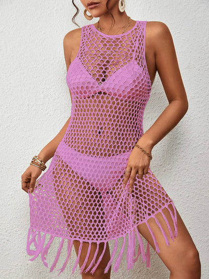 Cotton Tassel Hem Hollow Out Sleeveless Swimsuit Cover Up