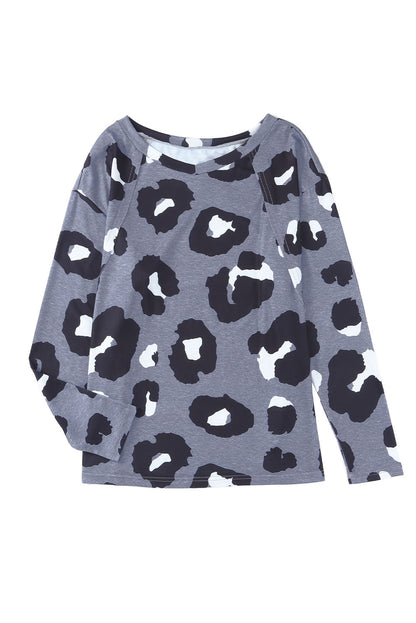 Leopard Print Drop Shoulder Pullover Long Sleeve Top