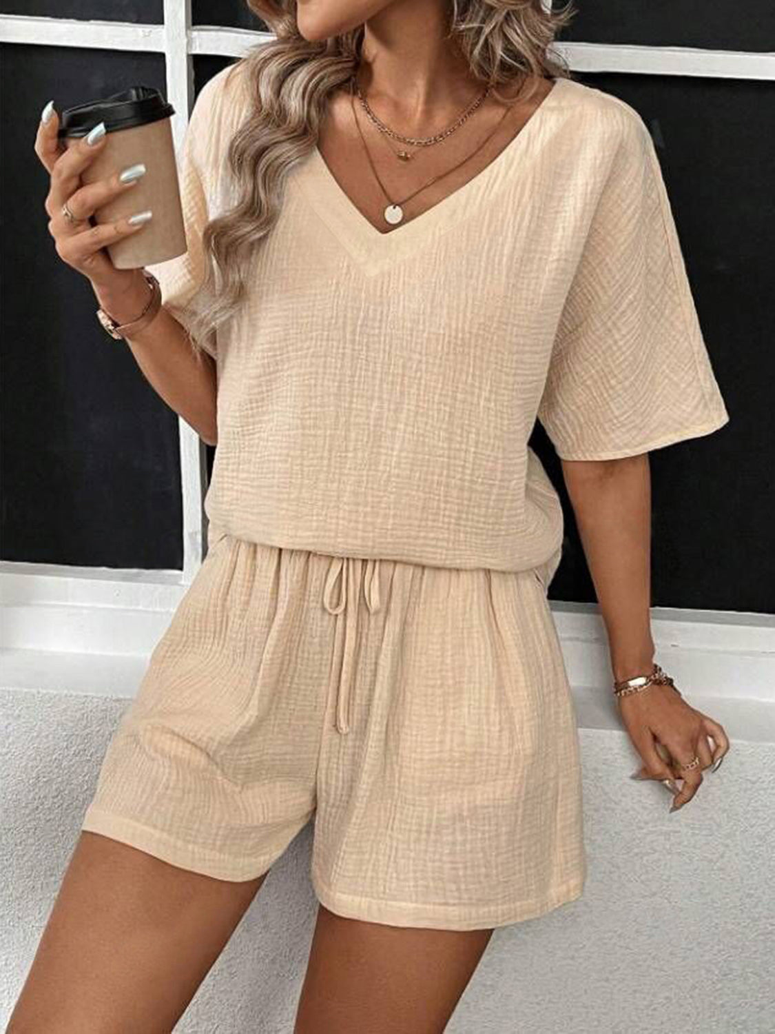 Cotton V-Neck Half Sleeve Top and Shorts Set