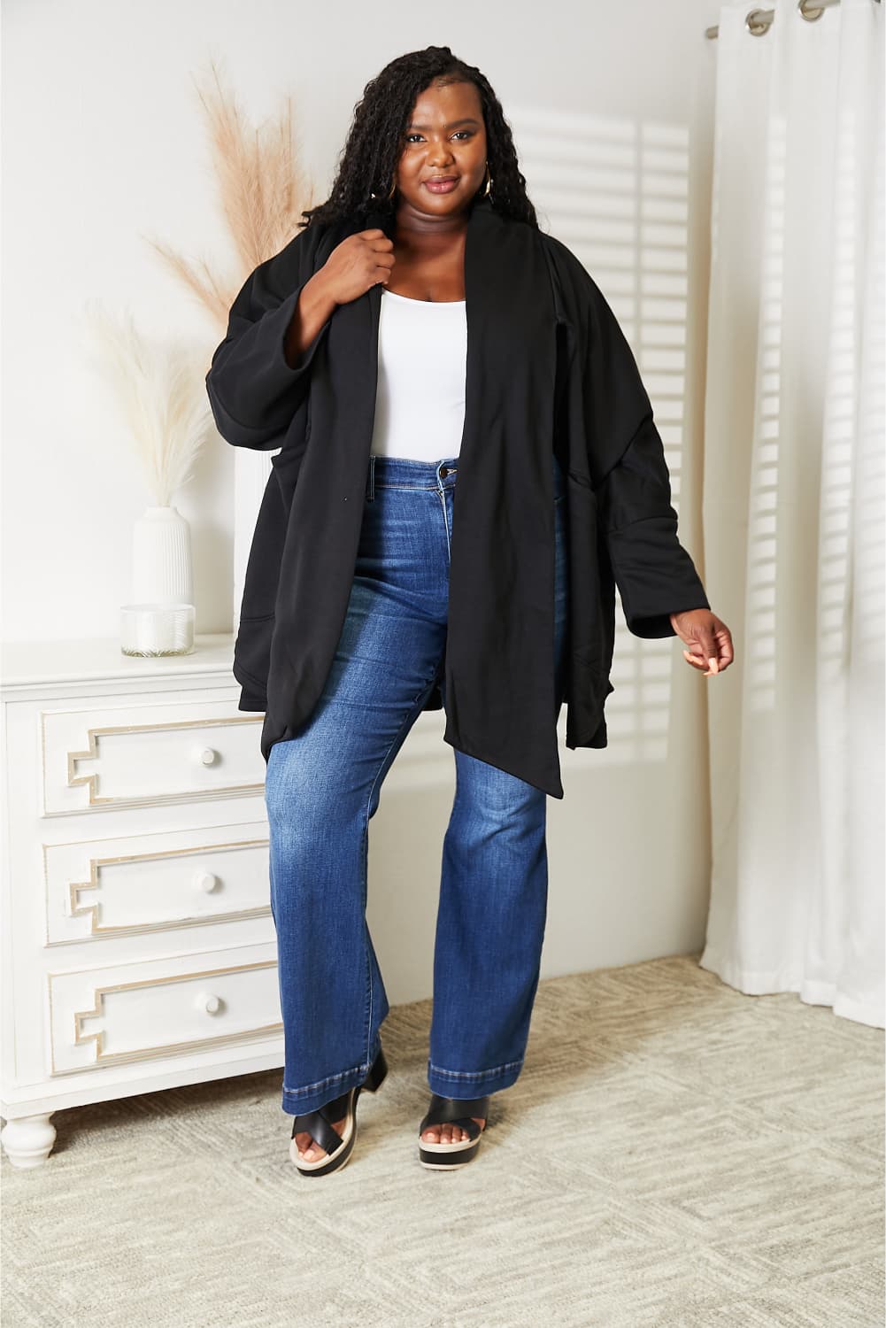 Full Size Open Front Cardigan with Scarf Design - Black