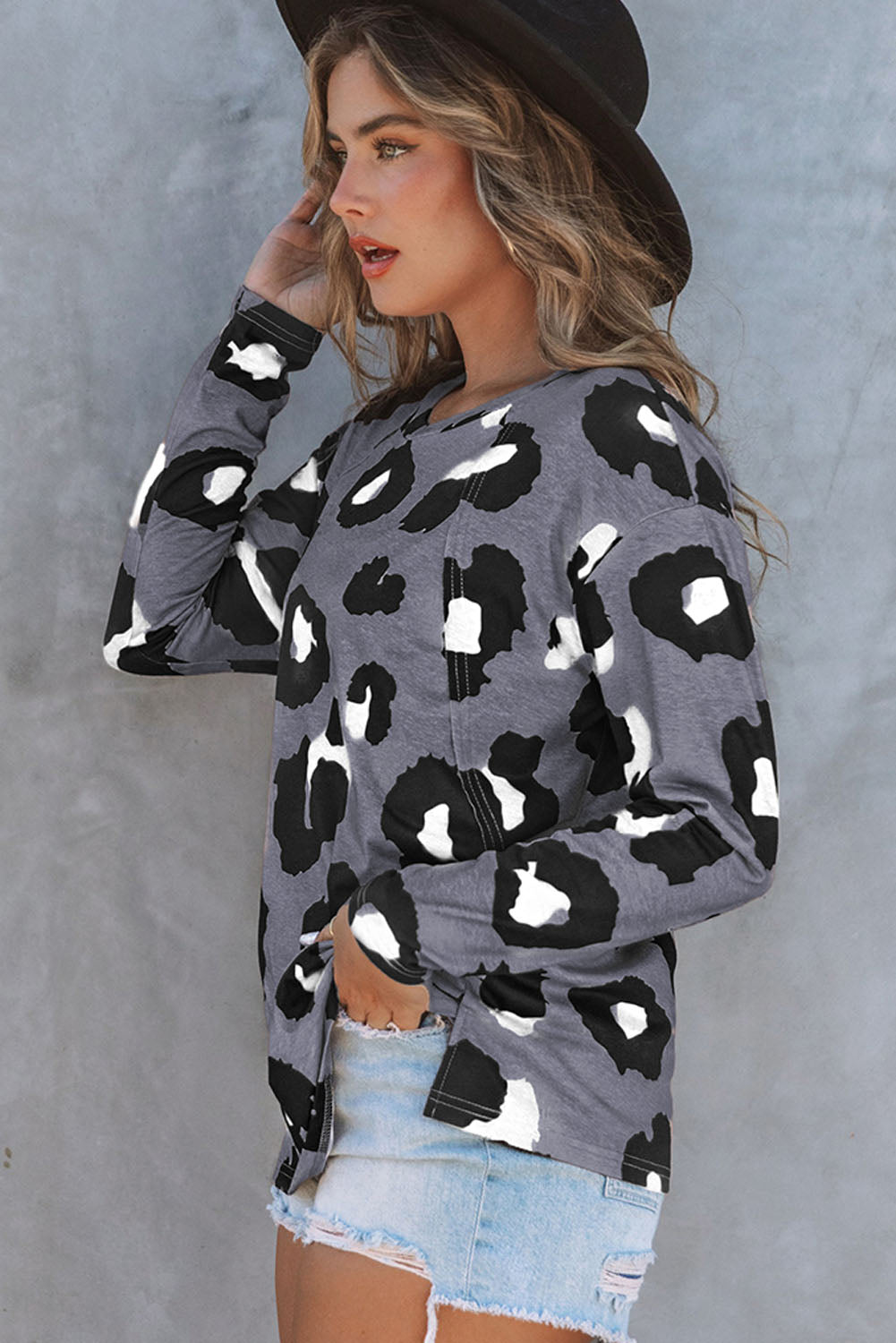 Leopard Print Drop Shoulder Pullover Long Sleeve Top