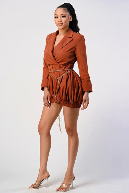 Cotton Terracotta Trench Romper with Gold Chain Belt