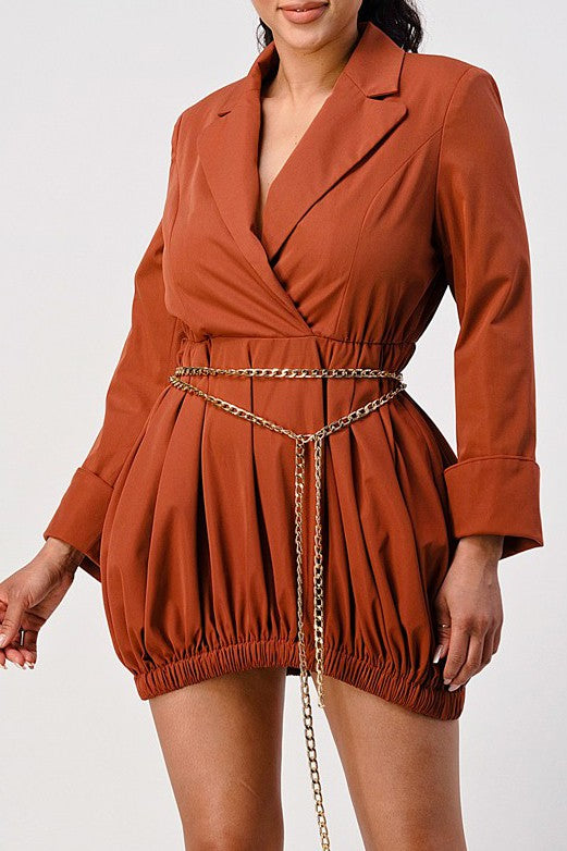 Cotton Terracotta Trench Romper with Gold Chain Belt