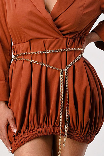 Cotton Terracotta Trench Romper with Gold Chain Belt