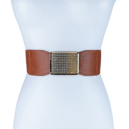 Rectangle Rhinestoned Smocked Leather Belt