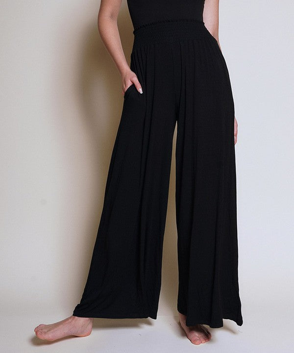 Bamboo Elastic Smock Waist Maxi Palazzo Pant