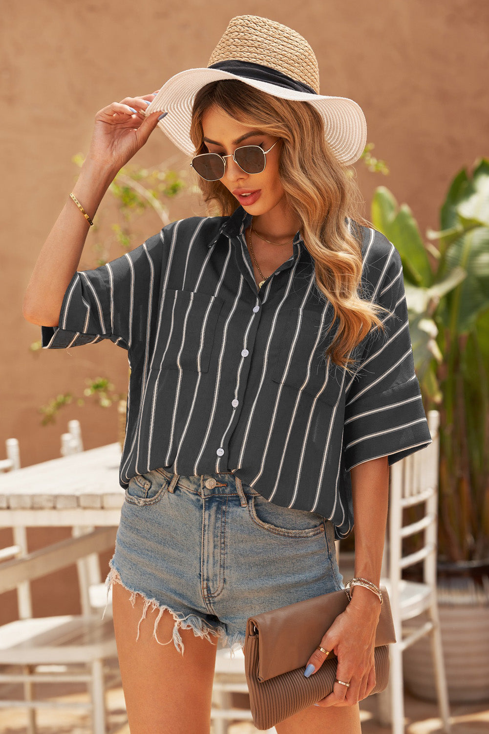 Black Striped Casual Short Sleeve Shirt with Pocket