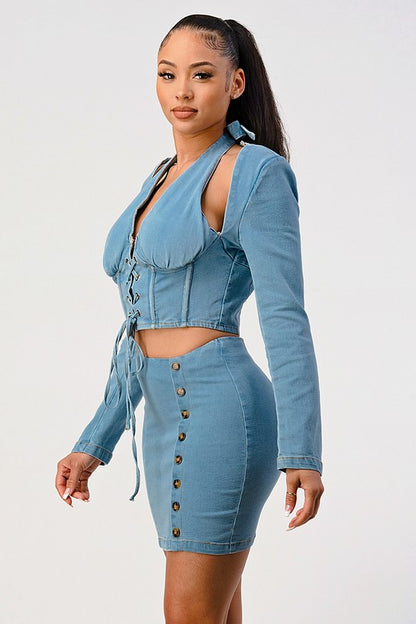 Denim V Neck Corset Top and Side Button Skirt Set