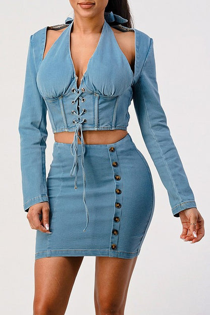 Denim V Neck Corset Top and Side Button Skirt Set