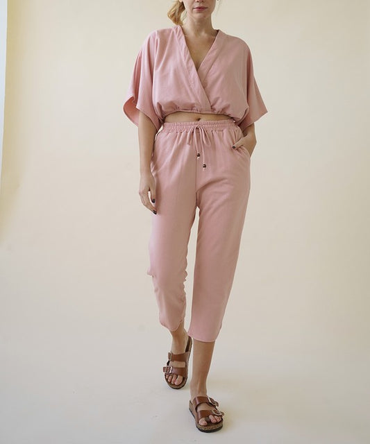 Ekimi Cotton Hemp Kimono Jogger Set - Light Pink