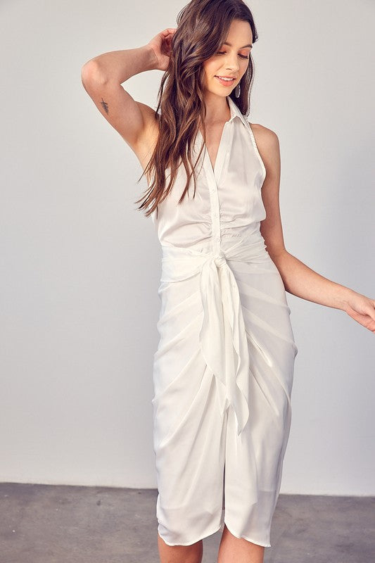 Sleeveless Collared Front Tie Dress - Ivory