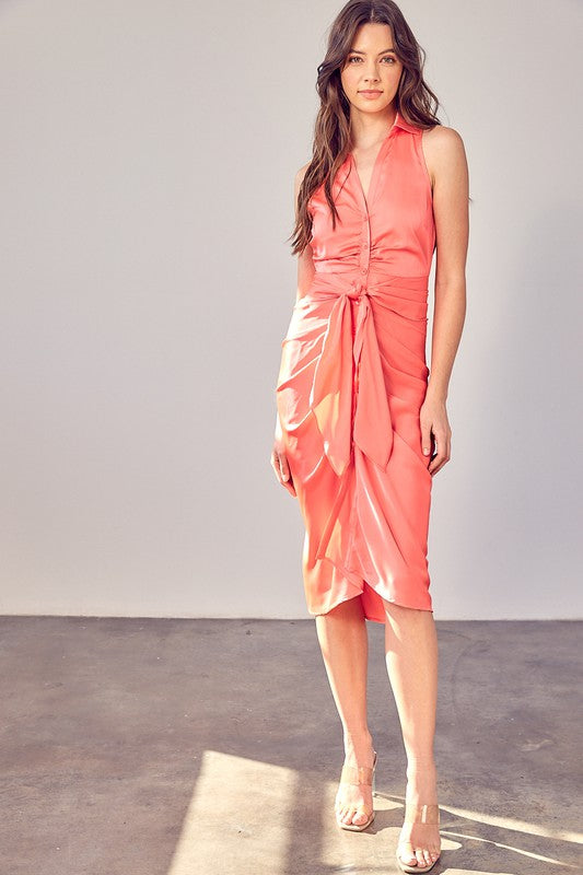 Sleeveless Collar Front Tie Dress - Coral Peach