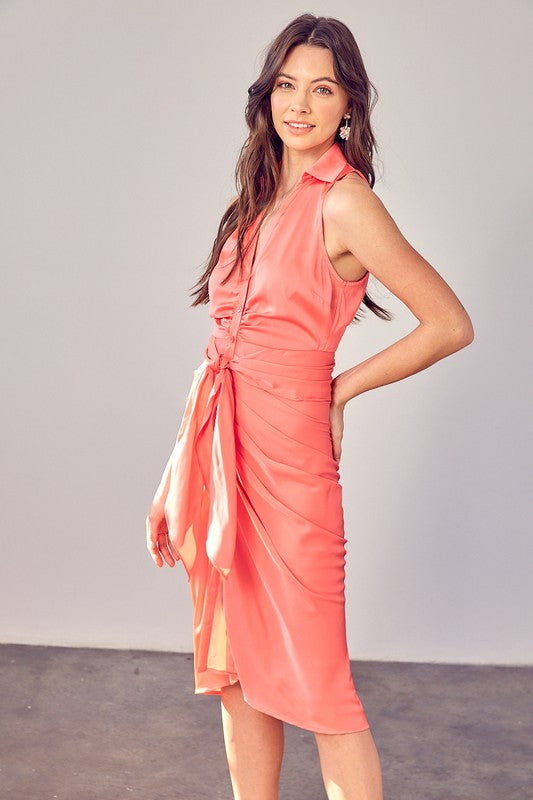 Sleeveless Collar Front Tie Dress - Coral Peach