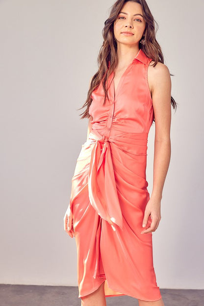 Sleeveless Collar Front Tie Dress - Coral Peach