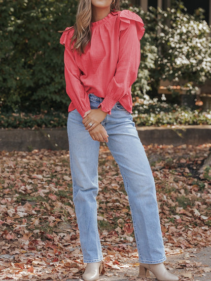 Cotton Frill Mock Neck Long Sleeve Blouse