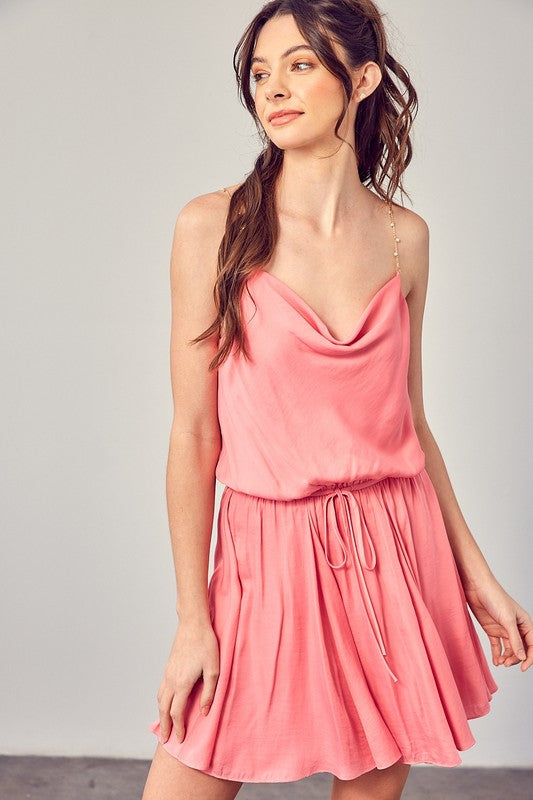 Cowl Neck Beaded Strap Dress - Milky Pink