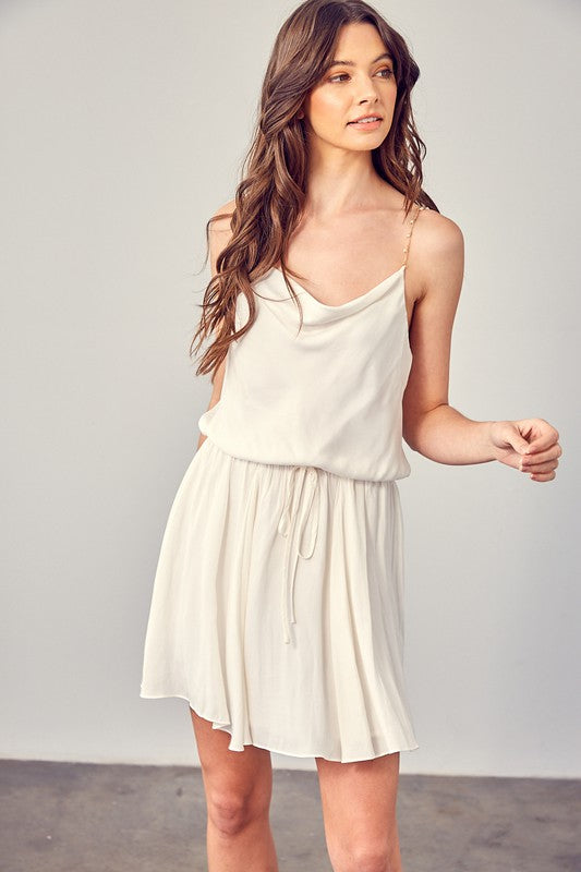 Cowl Neck Beaded Strap Dress - Creamy White