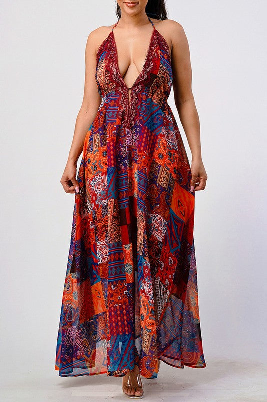 Boho Patchwork Print Deep V Sequin Lace Trim Maxi Dress