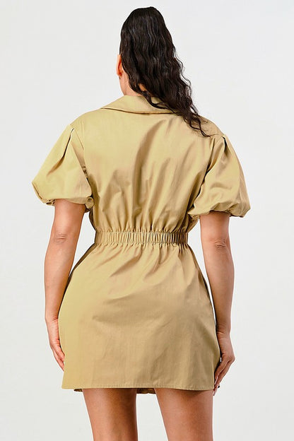 Puff Sleeve Buttoned Safari Mini Dress