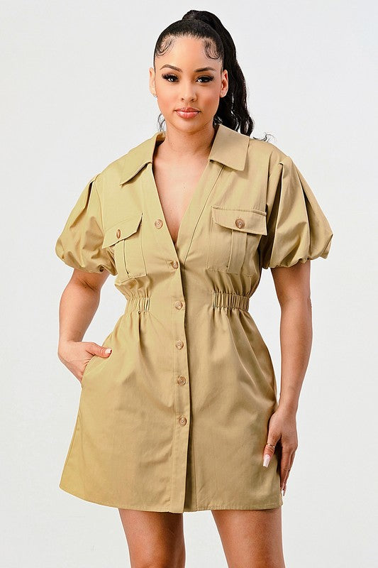 Puff Sleeve Buttoned Safari Mini Dress